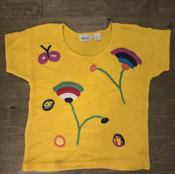 Leslie Fay Sweaters - Vintage 80s Leslie Fay Bright Yellow Floral Sweater, Cap Sleeves, Size Small